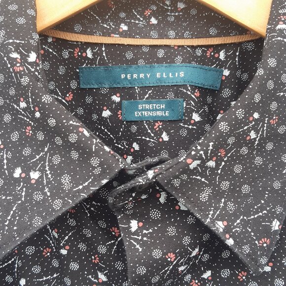 Perry Ellis SZ M Black w/ White & Salmon Print Men's Button Up Cotton Shirt - Picture 3 of 15